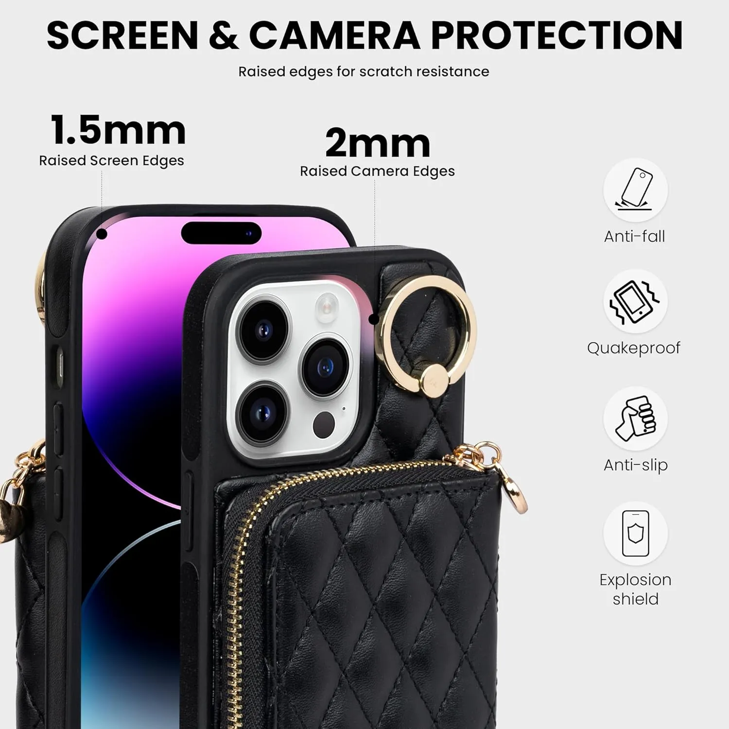 Keallce Case for iPhone 14 Pro 6.1'' Wallet Case, Crossbody Zipper Purse with Handbag Wristlet for Women, RFID Blocking Card Holders, 360° Ring Kickstand Flip Leather Cover for iPhone 14 Pro 5G, Black