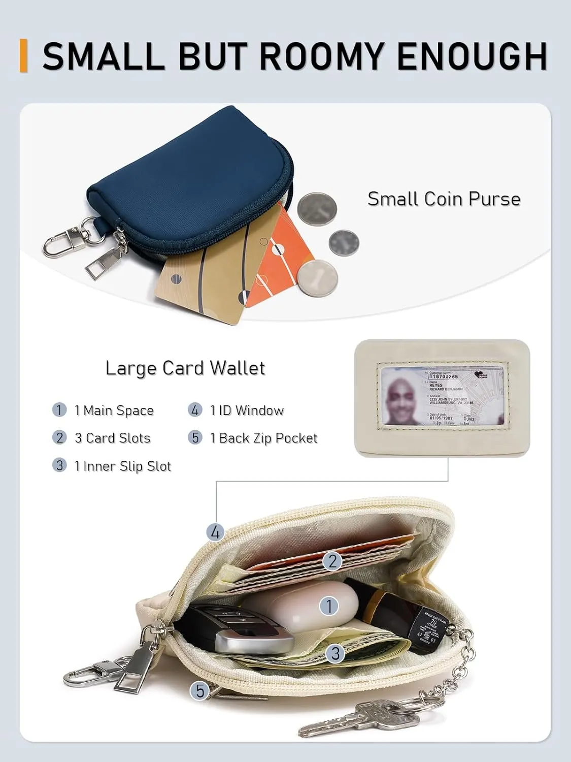Keychain Wallet Mini Zip Around Dual Pouch Wristlet Detachable Coin Purse for Women and Men with Phone Tether Tab