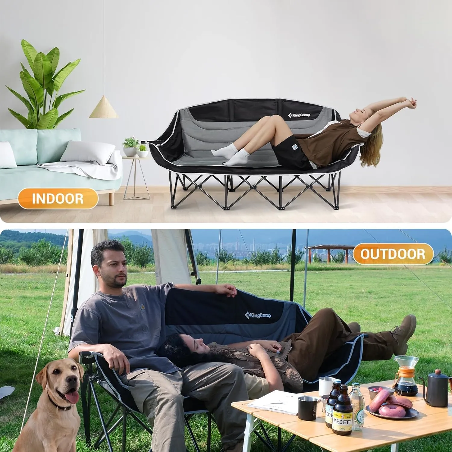 KingCamp Double Camping Chair, Oversized Heavy Duty Loveseat for Adults Portable Folding XL 2 Person Couch Padded Comfortable Two Seat with Cup Holder for Outdoor Lawn Backyard