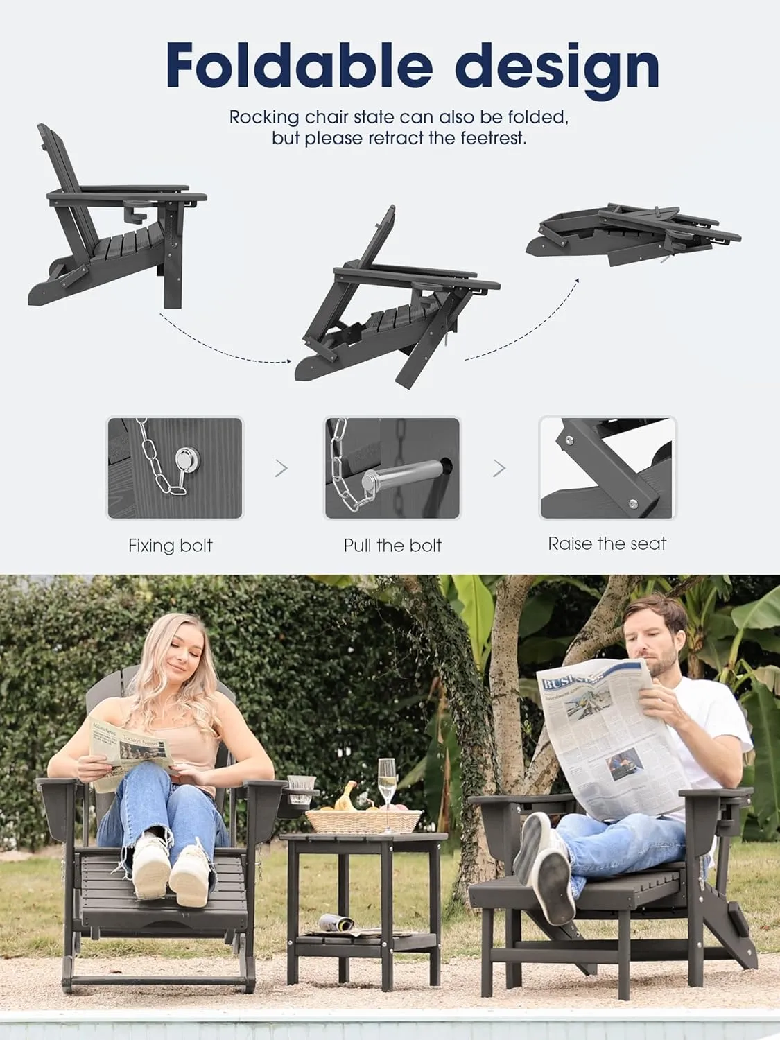 KINGYES Adirondack Rocking Chair with Retractable Ottoman and Cup Holders, HDPE Adirondack Rocker Patio Rocking Chair for Porch, Patio, Balcony, Leaden Grey