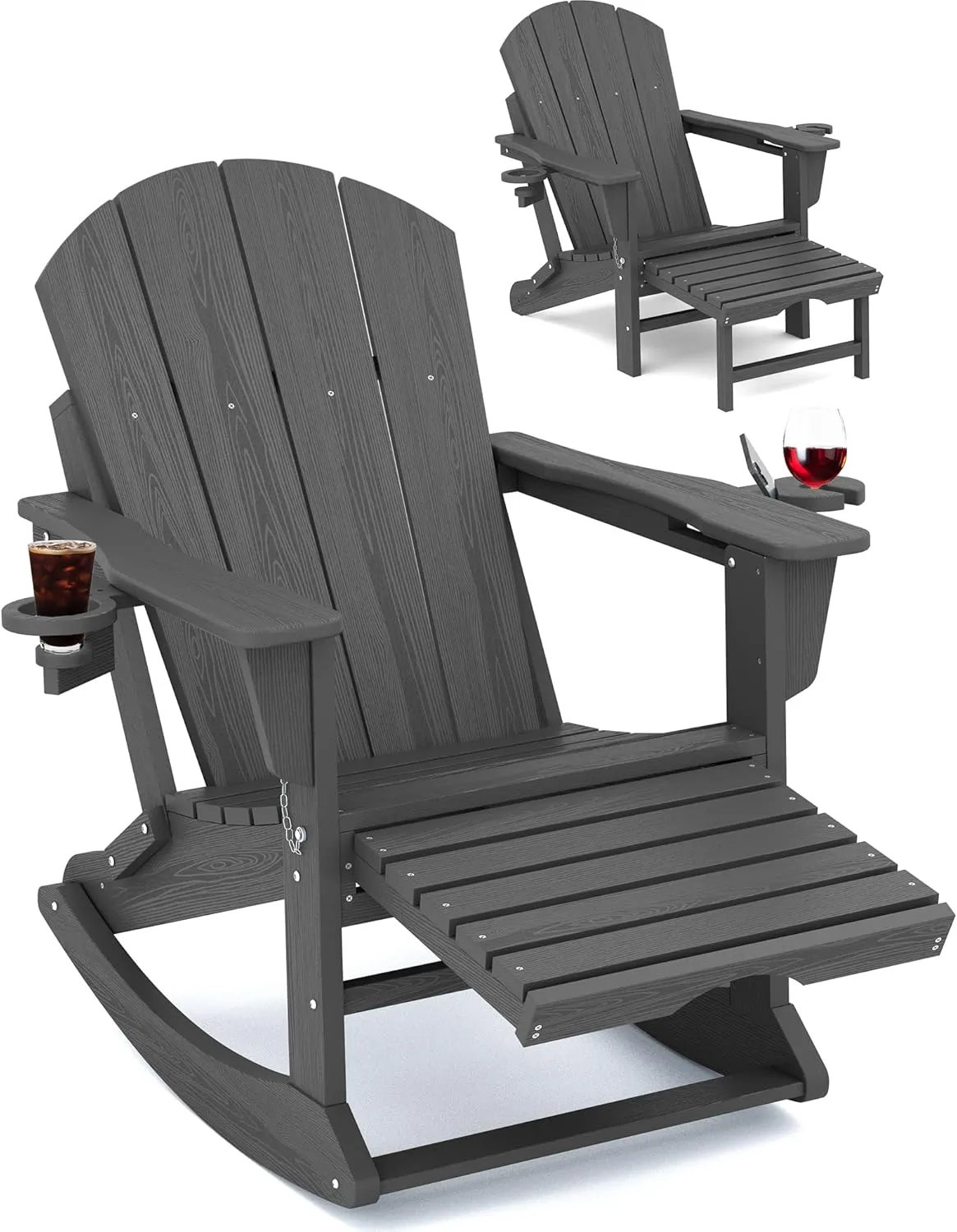 KINGYES Adirondack Rocking Chair with Retractable Ottoman and Cup Holders, HDPE Adirondack Rocker Patio Rocking Chair for Porch, Patio, Balcony, Leaden Grey