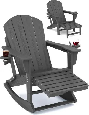 KINGYES Adirondack Rocking Chair with Retractable Ottoman and Cup Holders, HDPE Adirondack Rocker Patio Rocking Chair for Porch, Patio, Balcony, Leaden Grey