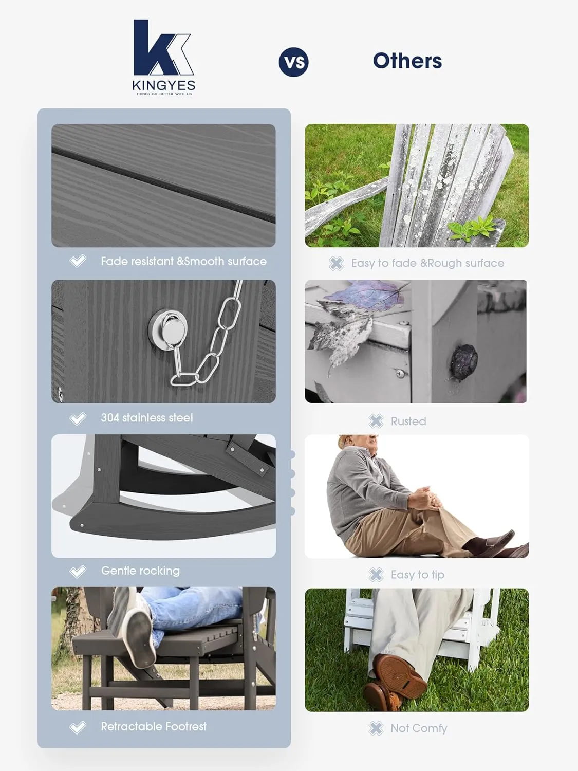 KINGYES Adirondack Rocking Chair with Retractable Ottoman and Cup Holders, HDPE Adirondack Rocker Patio Rocking Chair for Porch, Patio, Balcony, Leaden Grey