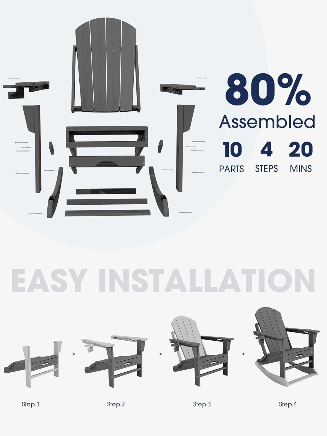 KINGYES Adirondack Rocking Chair with Retractable Ottoman and Cup Holders, HDPE Adirondack Rocker Patio Rocking Chair for Porch, Patio, Balcony, Leaden Grey