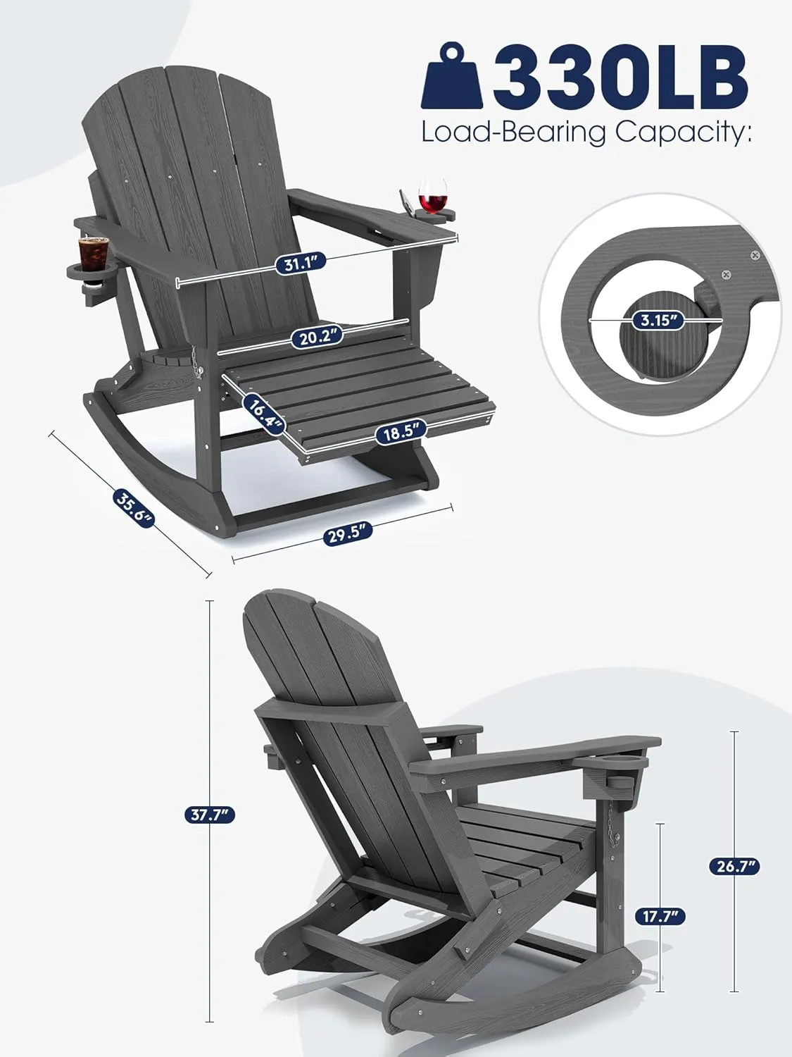 KINGYES Adirondack Rocking Chair with Retractable Ottoman and Cup Holders, HDPE Adirondack Rocker Patio Rocking Chair for Porch, Patio, Balcony, Leaden Grey
