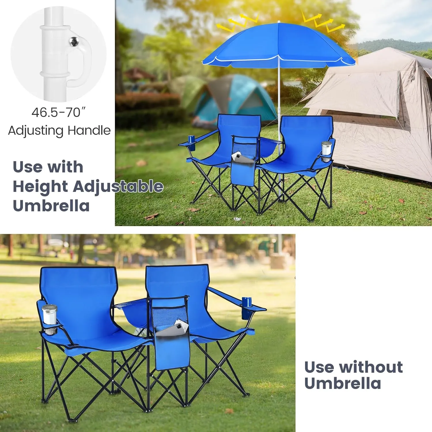 KOTEK Double Camping Chair, Folding Camp Chair with Removable Umbrella, Cup Holders, Cooler Bag, Side Pocket & Carry Bag, 2-Person Beach Chair for Outdoor, Sports, Concerts, Travel, Picnic (Blue)