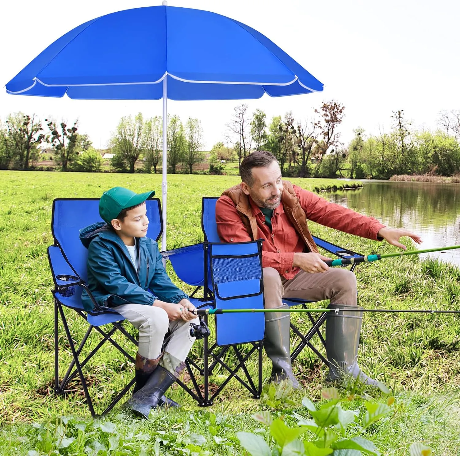 KOTEK Double Camping Chair, Folding Camp Chair with Removable Umbrella, Cup Holders, Cooler Bag, Side Pocket & Carry Bag, 2-Person Beach Chair for Outdoor, Sports, Concerts, Travel, Picnic (Blue)