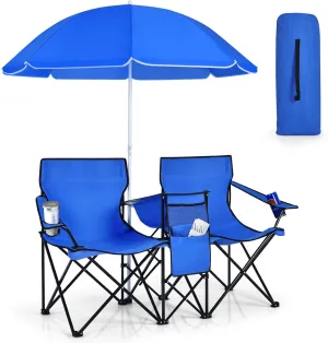 KOTEK Double Camping Chair, Folding Camp Chair with Removable Umbrella, Cup Holders, Cooler Bag, Side Pocket & Carry Bag, 2-Person Beach Chair for Outdoor, Sports, Concerts, Travel, Picnic (Blue)