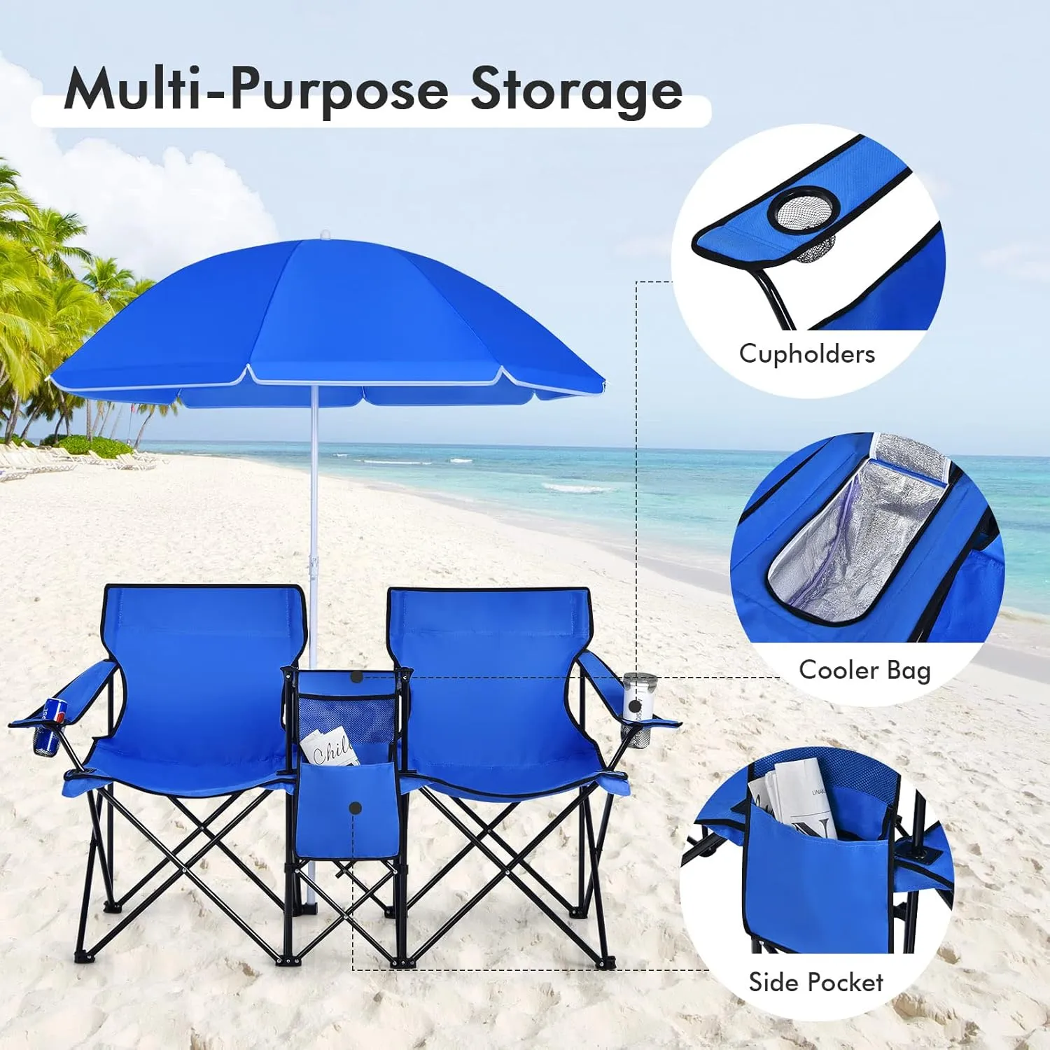 KOTEK Double Camping Chair, Folding Camp Chair with Removable Umbrella, Cup Holders, Cooler Bag, Side Pocket & Carry Bag, 2-Person Beach Chair for Outdoor, Sports, Concerts, Travel, Picnic (Blue)