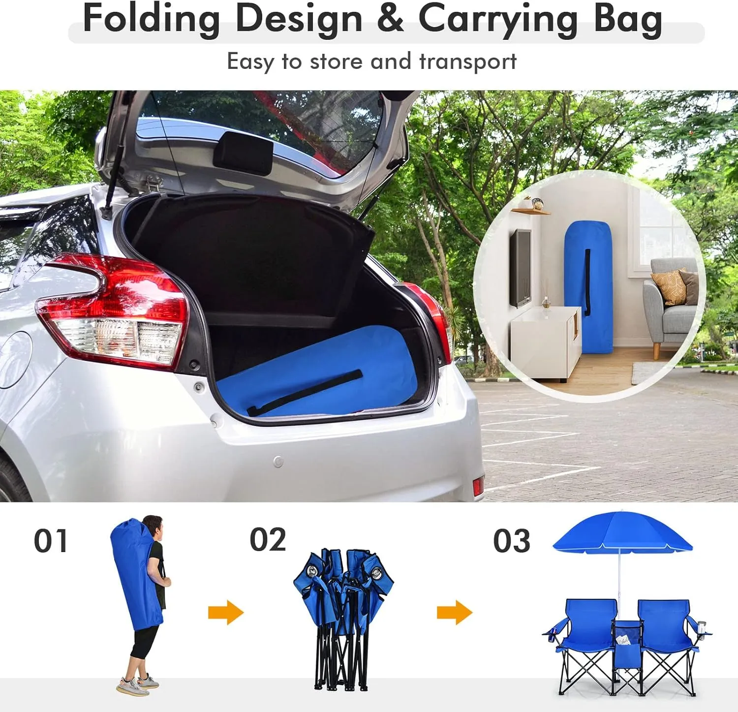 KOTEK Double Camping Chair, Folding Camp Chair with Removable Umbrella, Cup Holders, Cooler Bag, Side Pocket & Carry Bag, 2-Person Beach Chair for Outdoor, Sports, Concerts, Travel, Picnic (Blue)