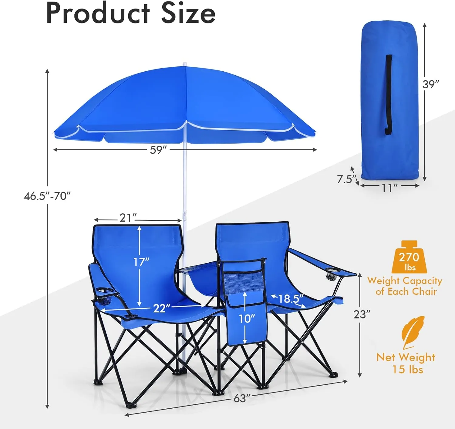 KOTEK Double Camping Chair, Folding Camp Chair with Removable Umbrella, Cup Holders, Cooler Bag, Side Pocket & Carry Bag, 2-Person Beach Chair for Outdoor, Sports, Concerts, Travel, Picnic (Blue)