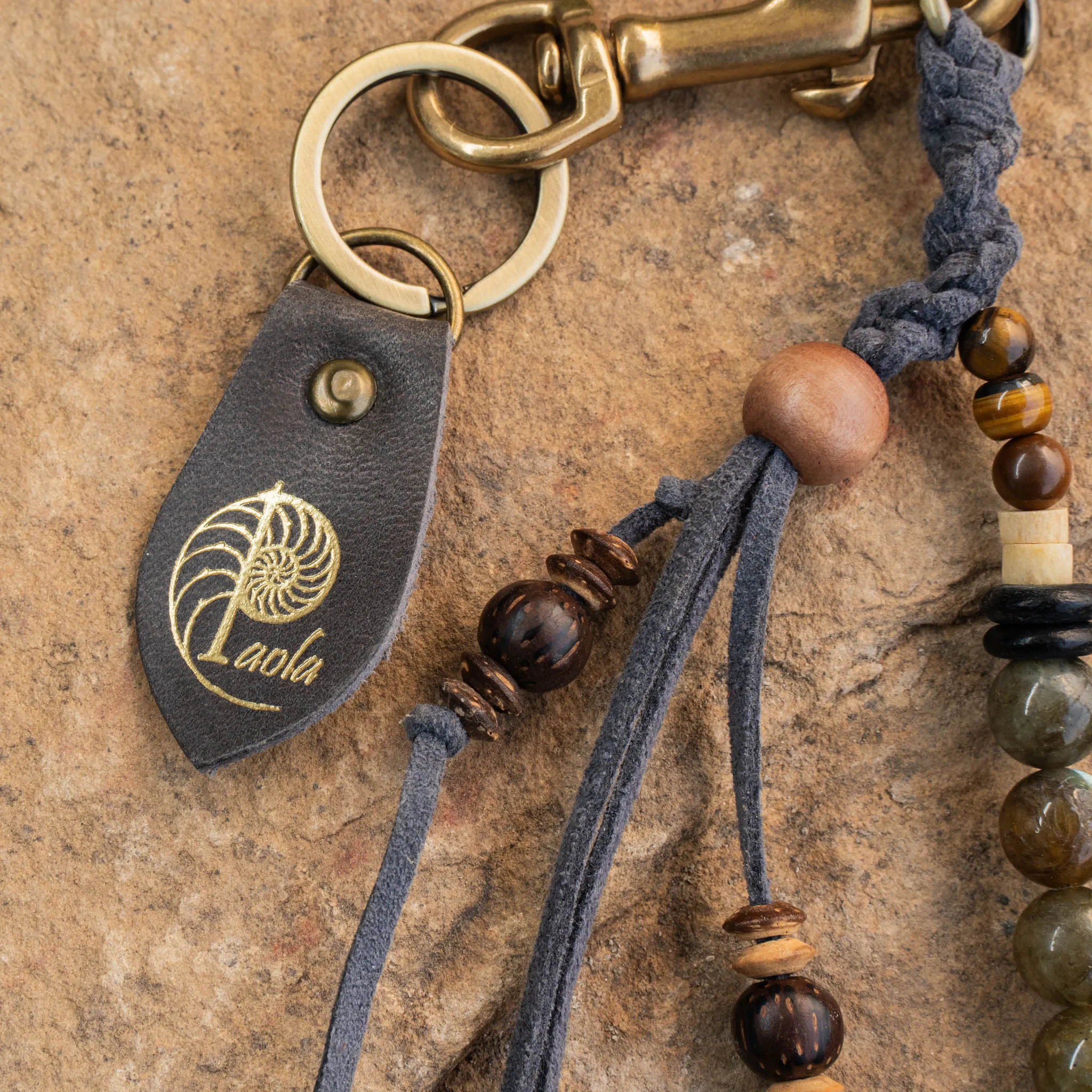 Labradorite And Coconut beads, Feather Key Chain