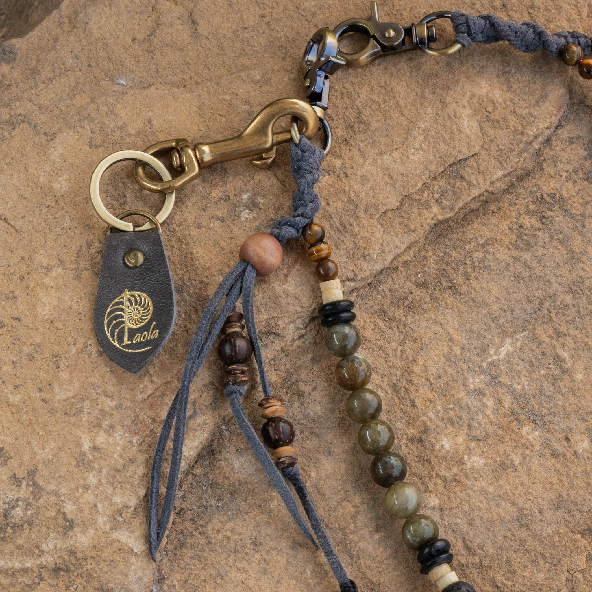 Labradorite And Coconut beads, Feather Key Chain