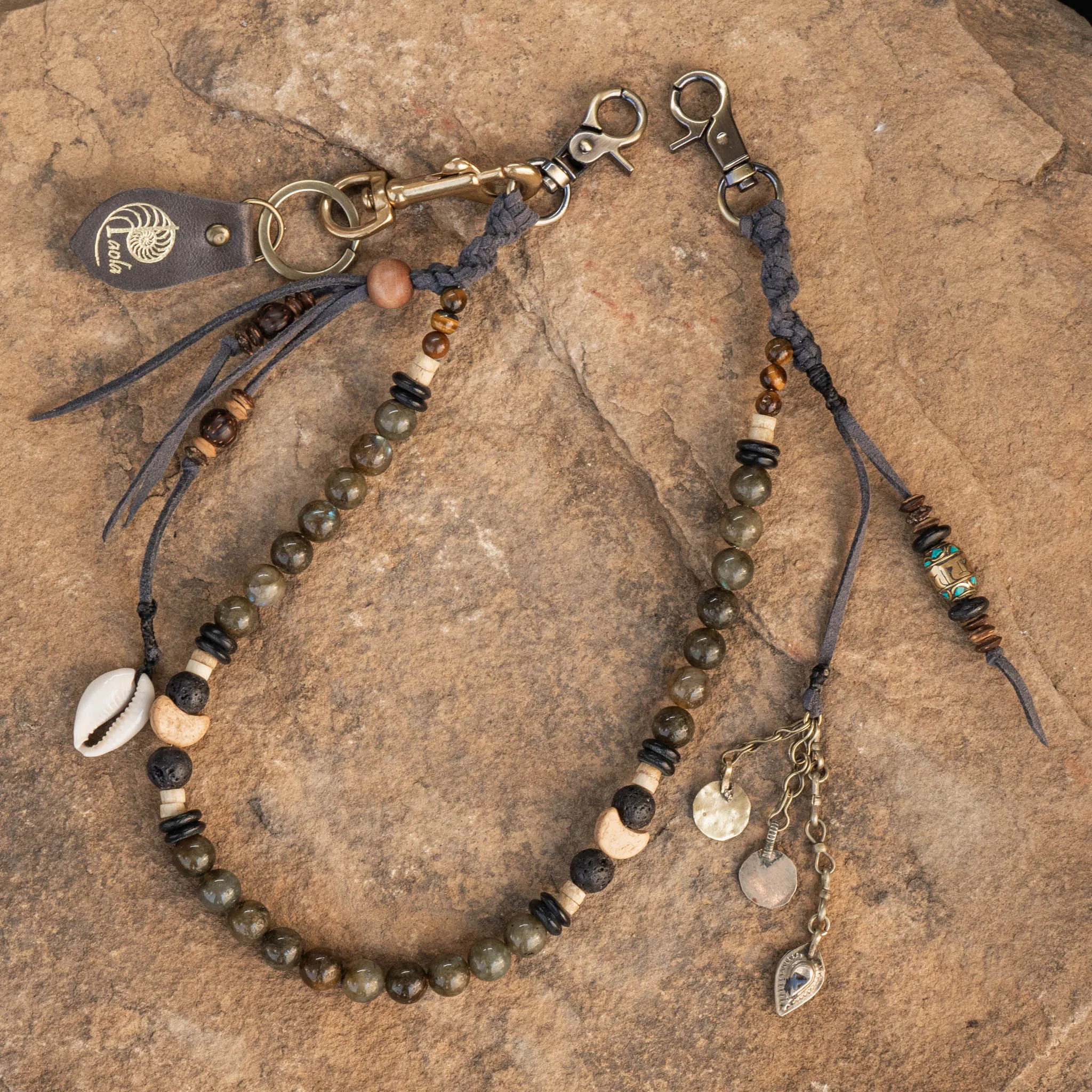 Labradorite And Coconut beads, Feather Key Chain