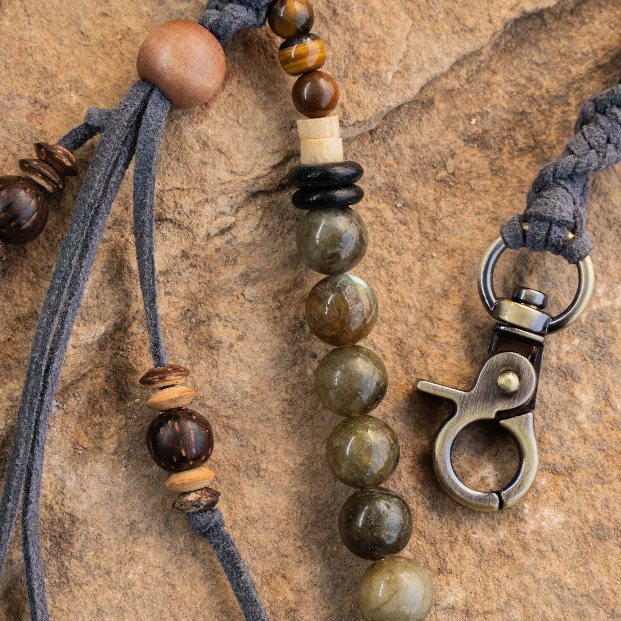 Labradorite And Coconut beads, Feather Key Chain