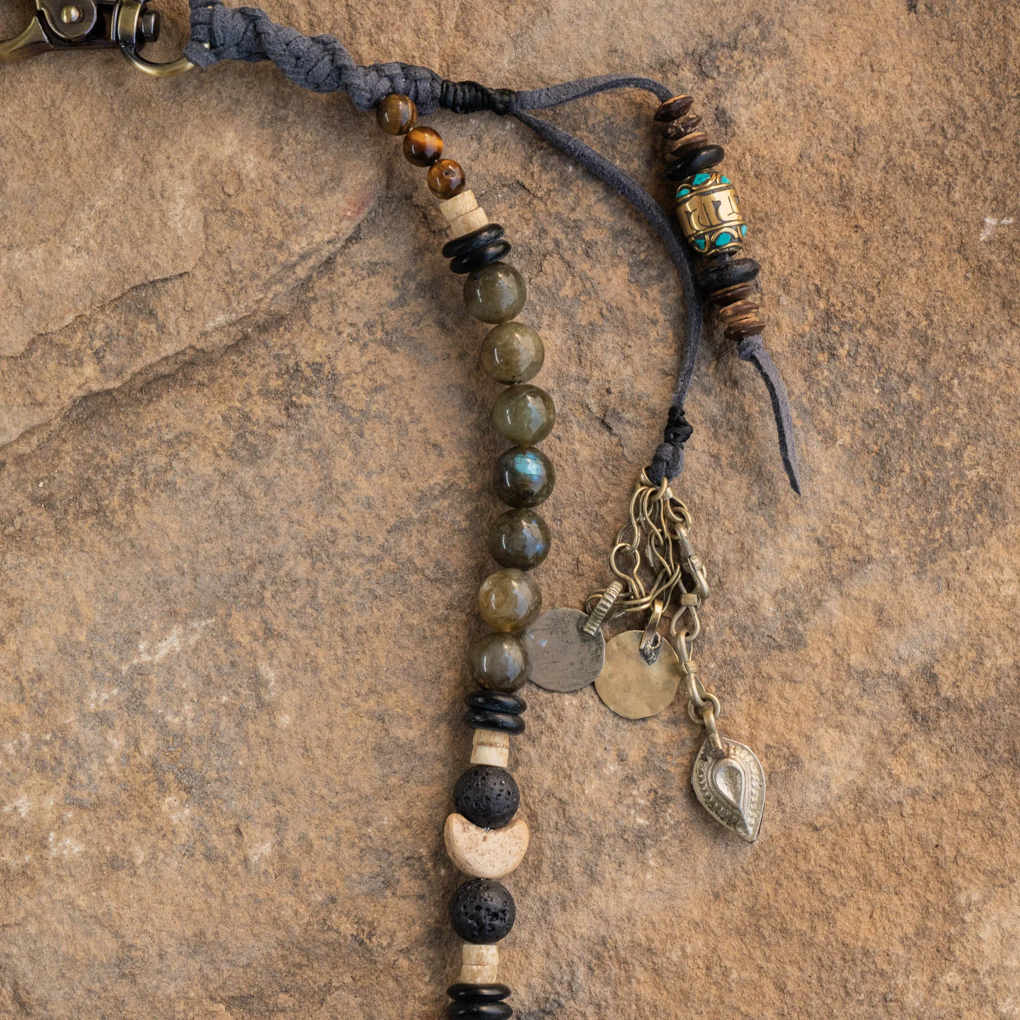 Labradorite And Coconut beads, Feather Key Chain