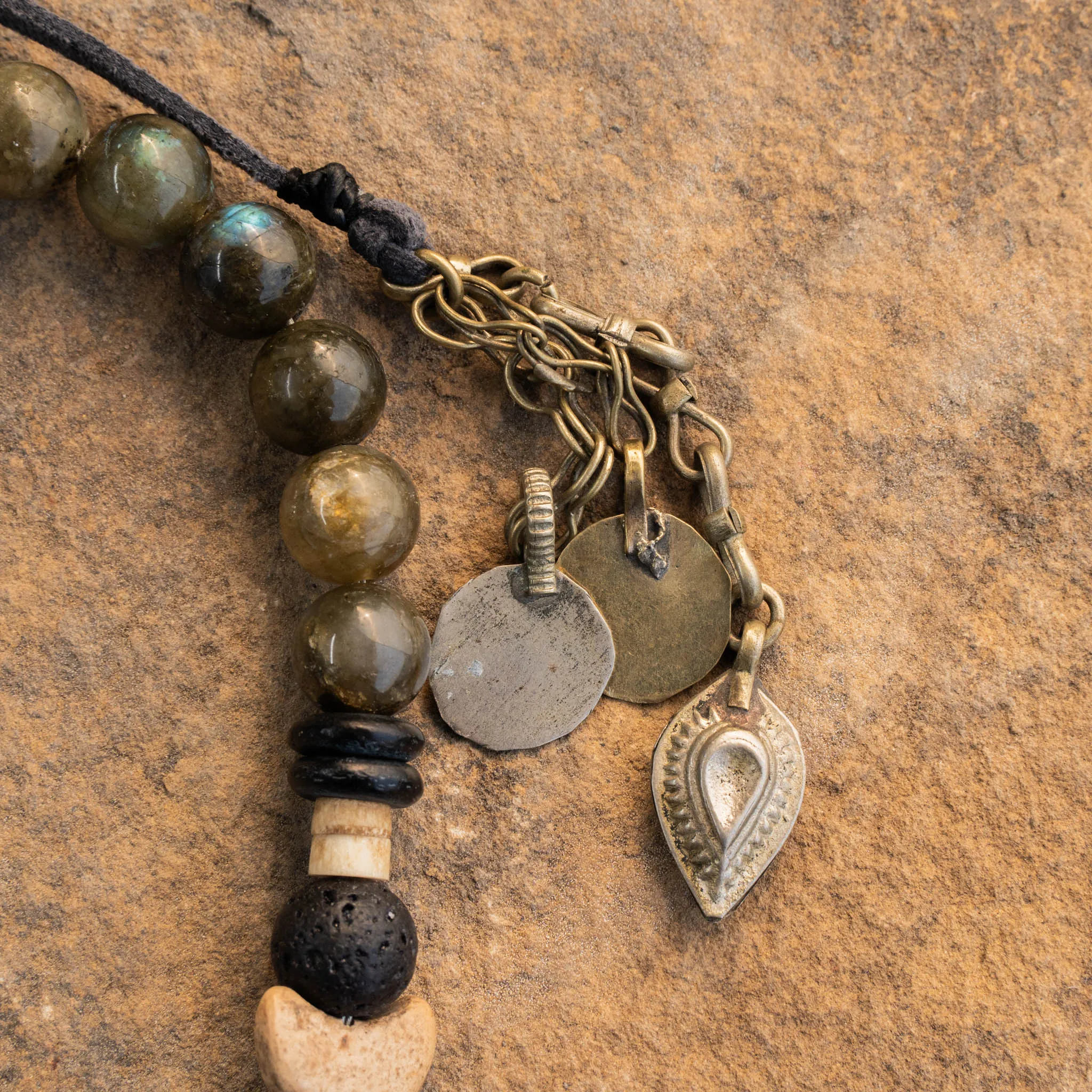 Labradorite And Coconut beads, Feather Key Chain