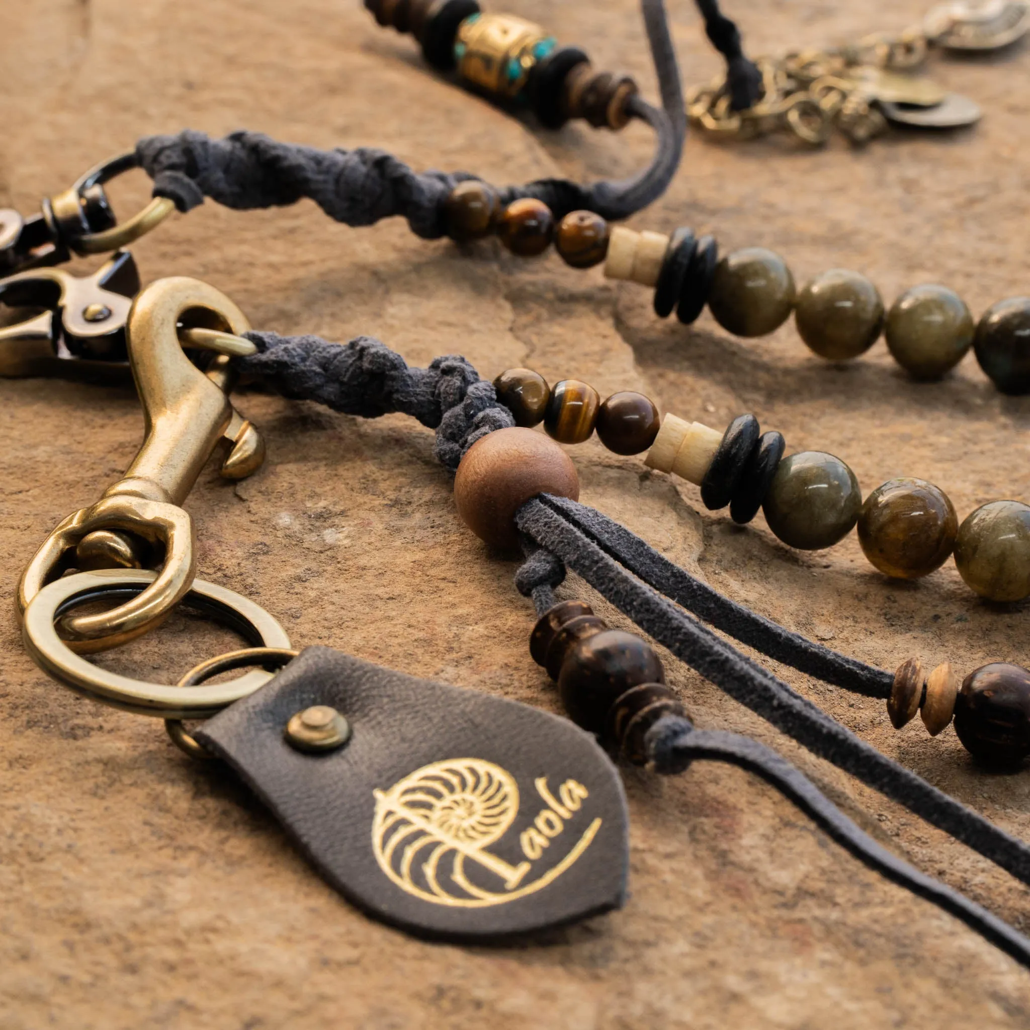 Labradorite And Coconut beads, Feather Key Chain