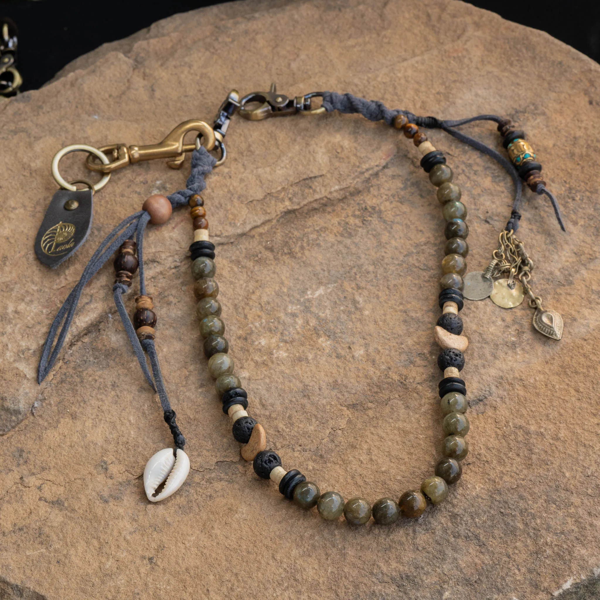 Labradorite And Coconut beads, Feather Key Chain