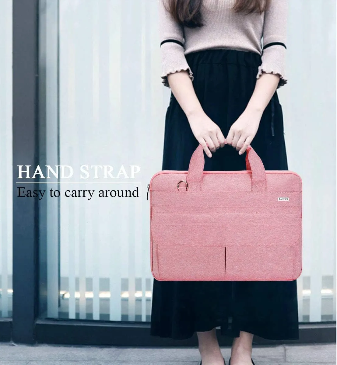 LANDICI Laptop Bag Case 17 17.3 inch for Women, Waterproof Computer Cover Bag Compatible with MacBook 17, 17-18 inch HP Acer Dell Lenovo ASUS Laptop, Slim Briefcase with Shoulder Strap, Pink