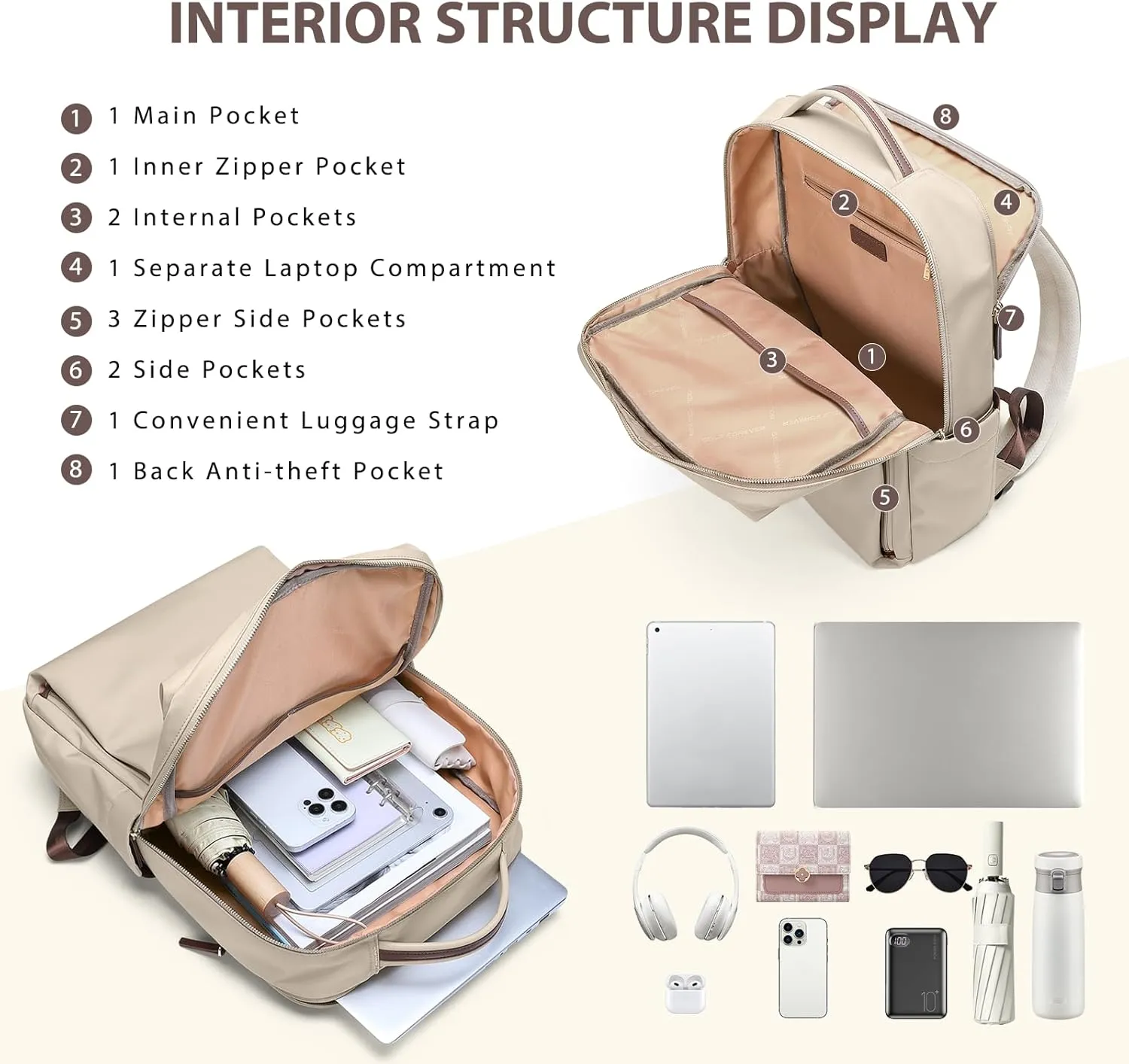 Laptop Backpack for Women, Work Business Traval Computer Backpacks with Laptop Compartment Waterproof Casual Daypack for Travel College,16Inch,Apricot