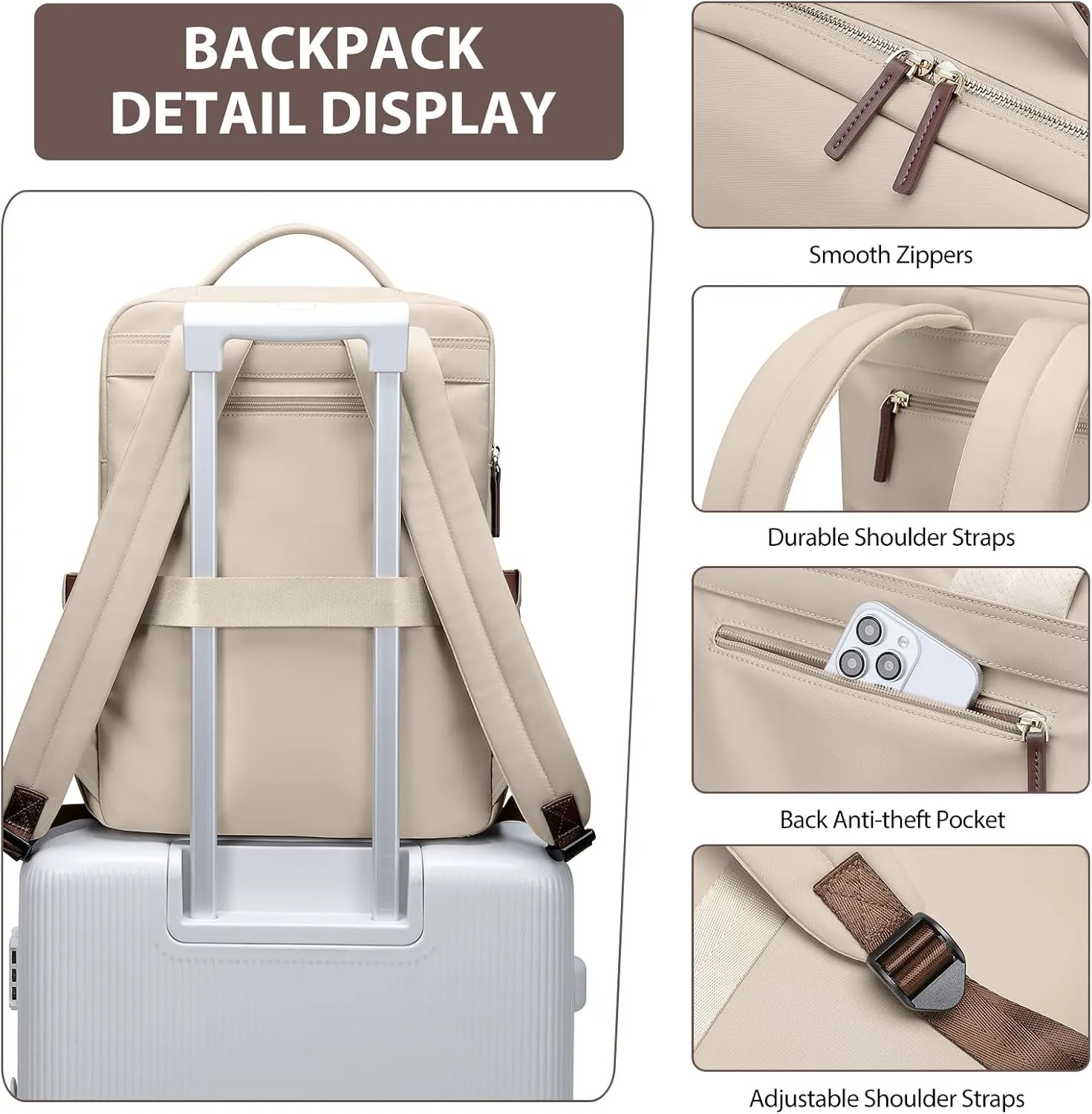 Laptop Backpack for Women, Work Business Traval Computer Backpacks with Laptop Compartment Waterproof Casual Daypack for Travel College,16Inch,Apricot