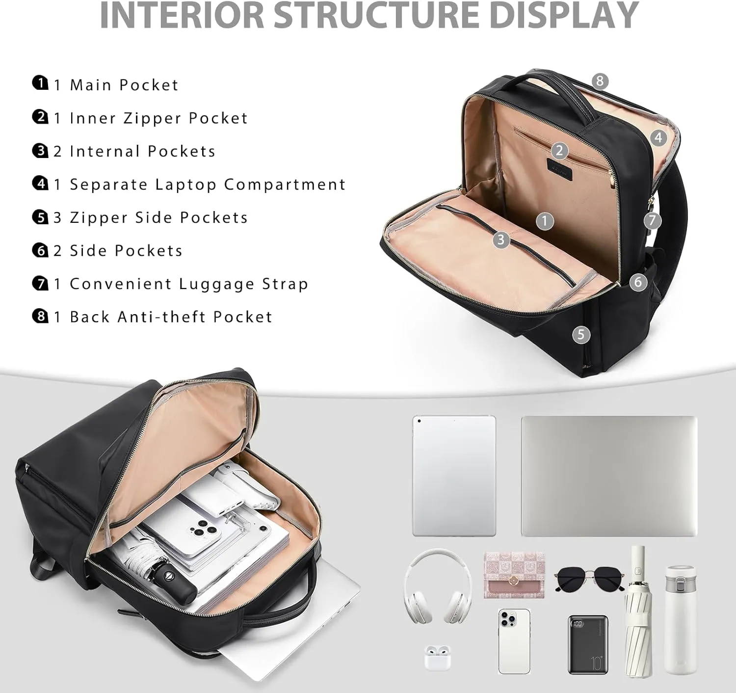 Laptop Backpack for Women, Work Business Traval Computer Backpacks with Laptop Compartment Waterproof Casual Daypack for Travel College,16Inch,Black