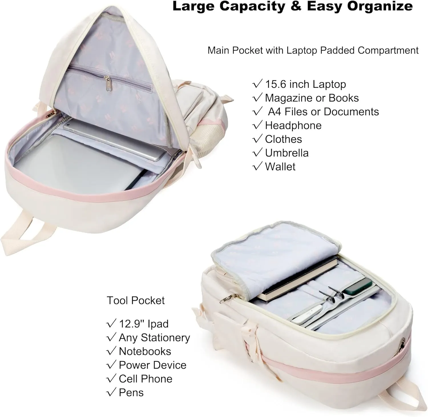 Laptop Backpacks 16 Inch School Bag College Backpack 3 PCS with Lunch Box Pencil Pouch Set Large Travel Daypack Kawaii Bookbags for Teens Girls Women Students (Off-white)