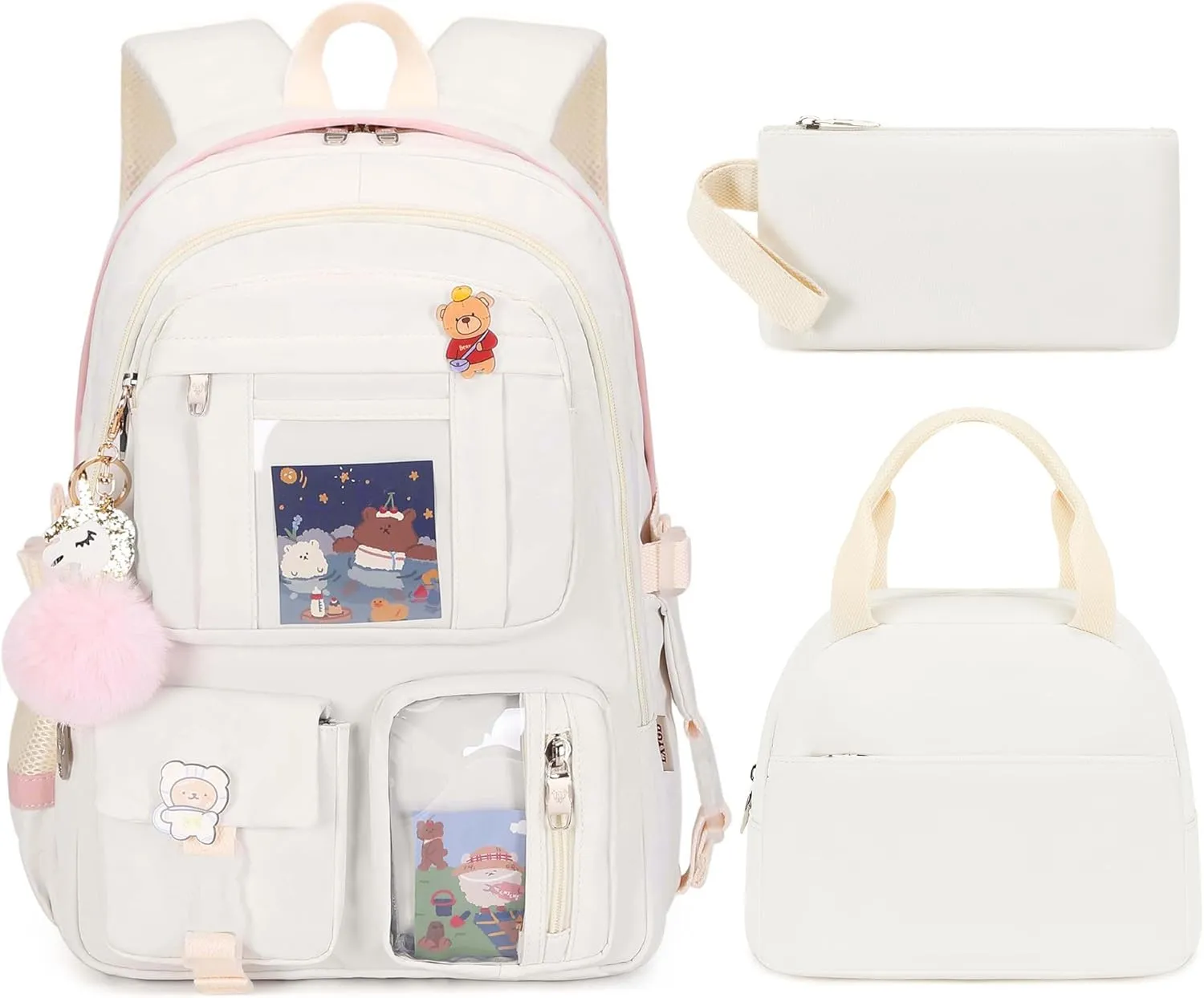 Laptop Backpacks 16 Inch School Bag College Backpack 3 PCS with Lunch Box Pencil Pouch Set Large Travel Daypack Kawaii Bookbags for Teens Girls Women Students (Off-white)