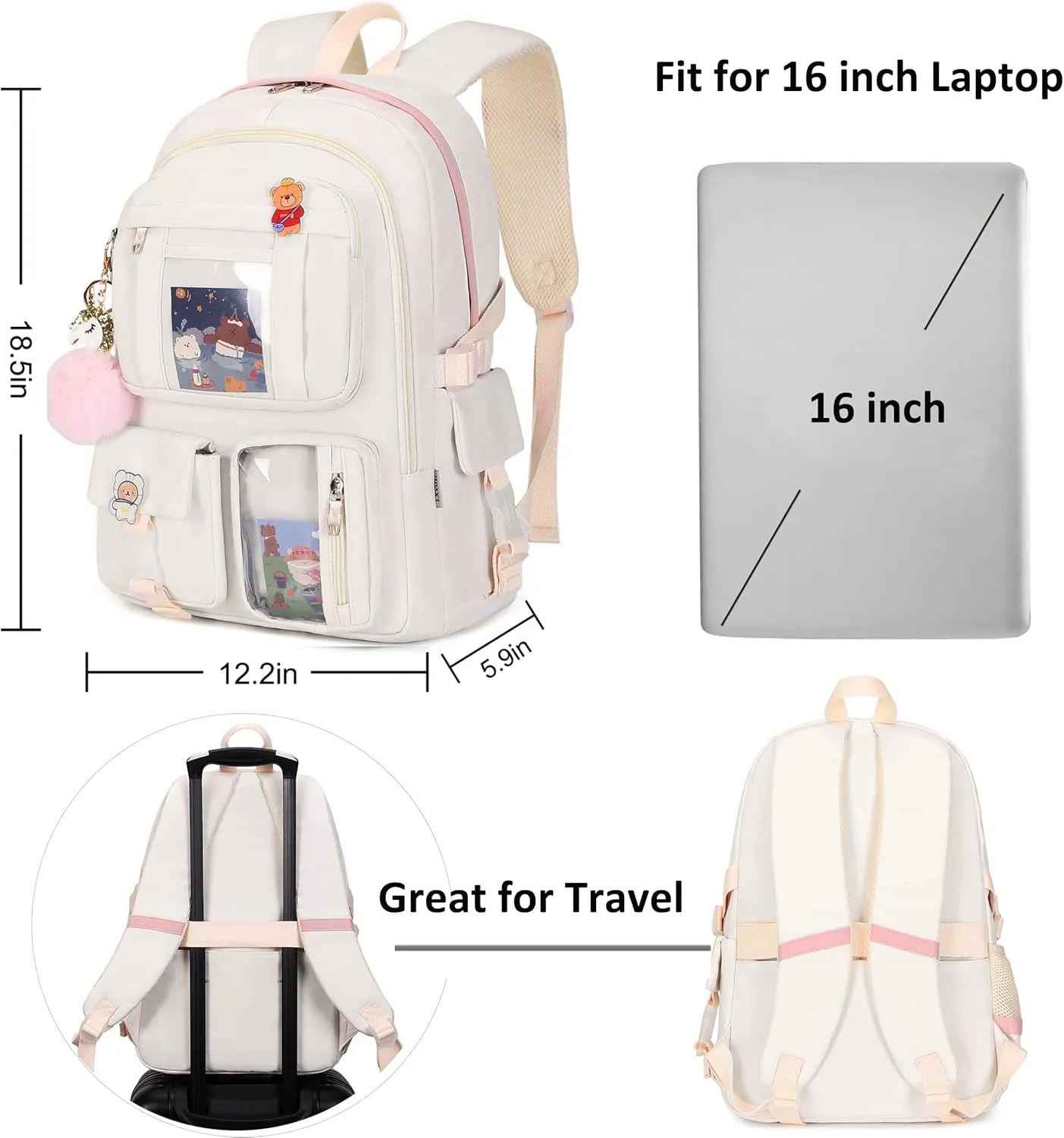Laptop Backpacks 16 Inch School Bag College Backpack 3 PCS with Lunch Box Pencil Pouch Set Large Travel Daypack Kawaii Bookbags for Teens Girls Women Students (Off-white)