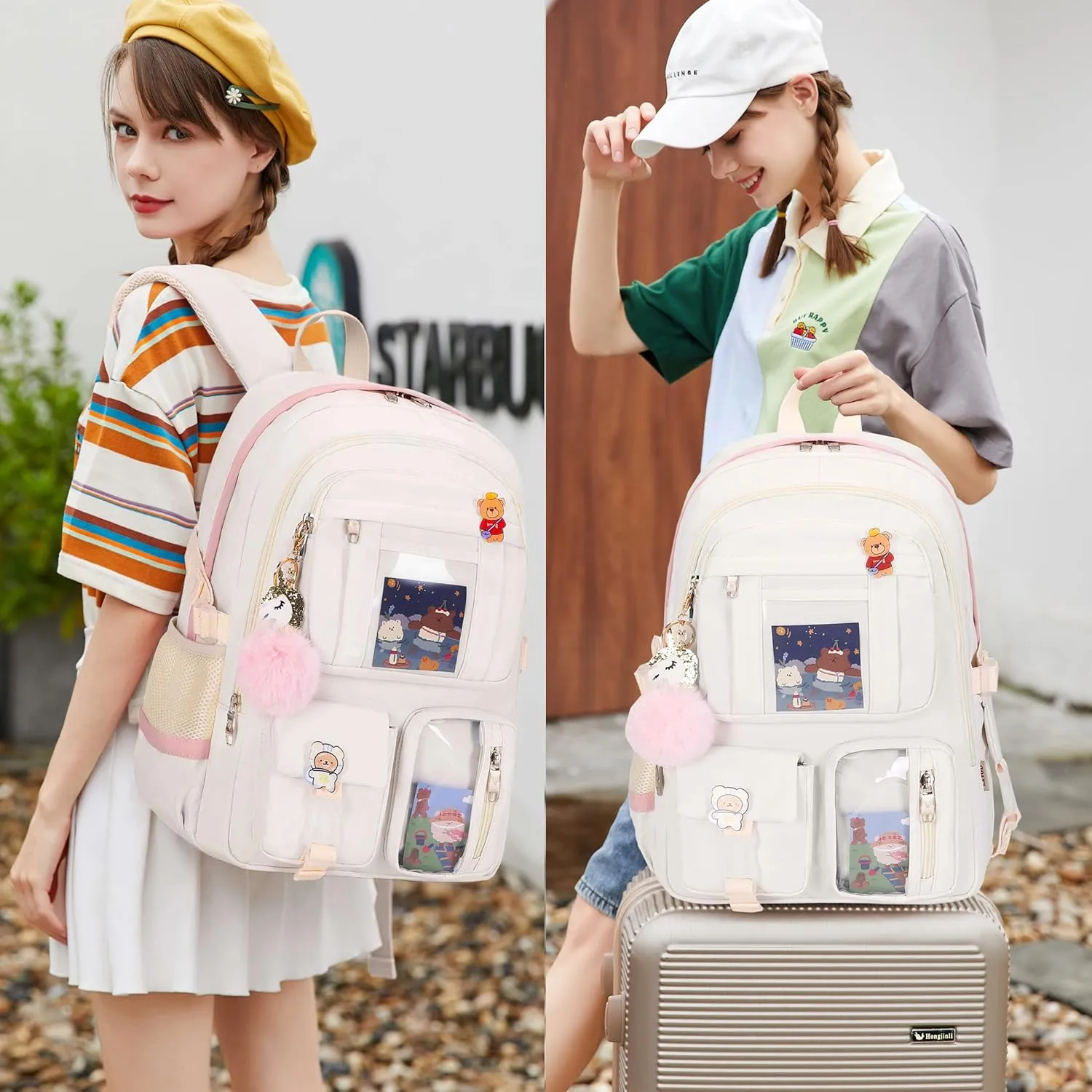 Laptop Backpacks 16 Inch School Bag College Backpack 3 PCS with Lunch Box Pencil Pouch Set Large Travel Daypack Kawaii Bookbags for Teens Girls Women Students (Off-white)
