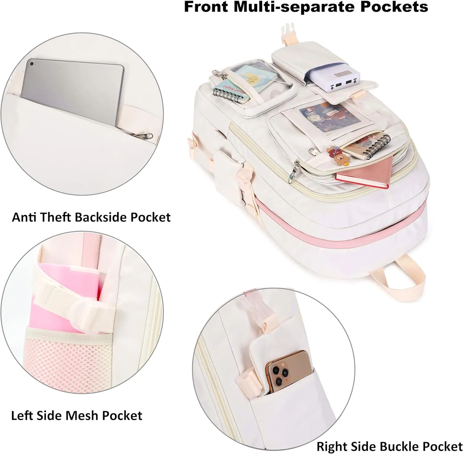 Laptop Backpacks 16 Inch School Bag College Backpack 3 PCS with Lunch Box Pencil Pouch Set Large Travel Daypack Kawaii Bookbags for Teens Girls Women Students (Off-white)