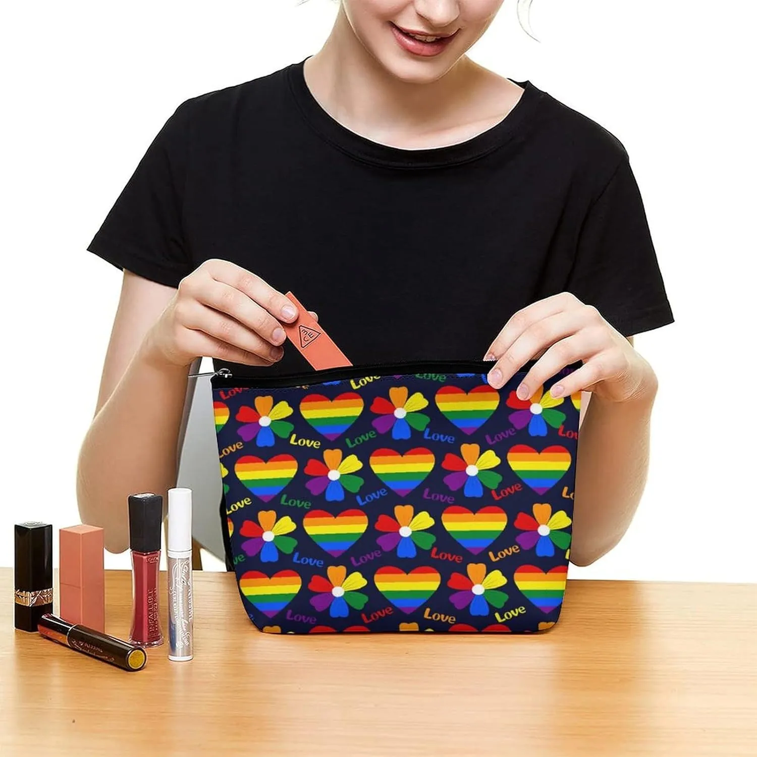 Large Capacity Cosmetic Bag Makeup Bag, Travel Pouch Make Up Purse Toiletry Storge Bag for Women (Lgbt Pride Rainbow Hearts)