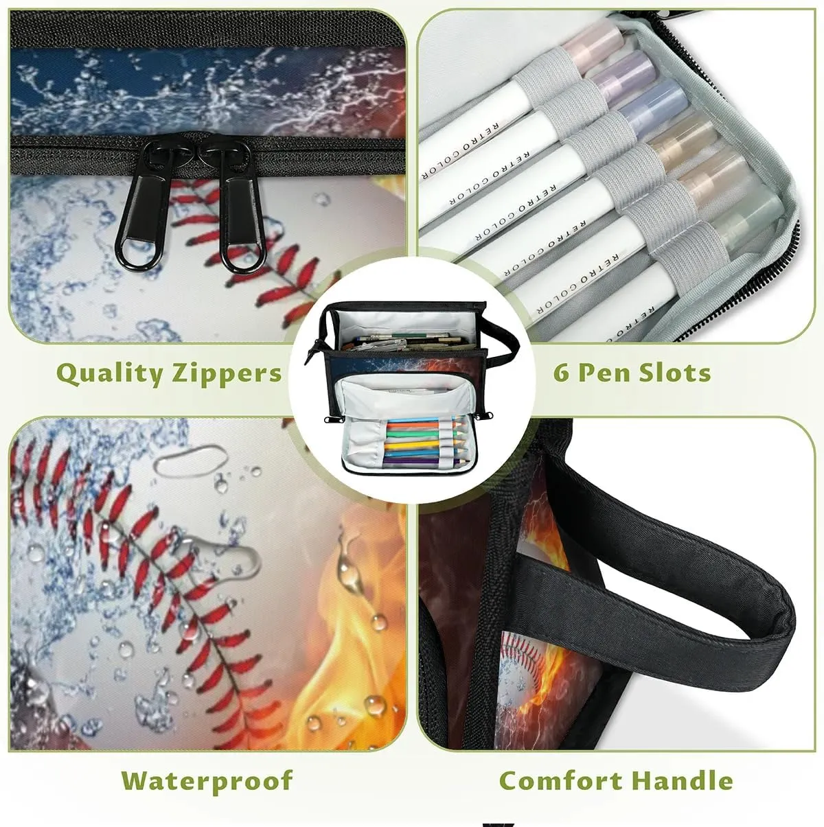 Large Capacity Pencil Case Pouch, Baseball Ball In Fire And Water Portable Zipper Pencil Cases Pencil Bag Office Stationery Bag Makeup Bag Desk Organizer for Women Men