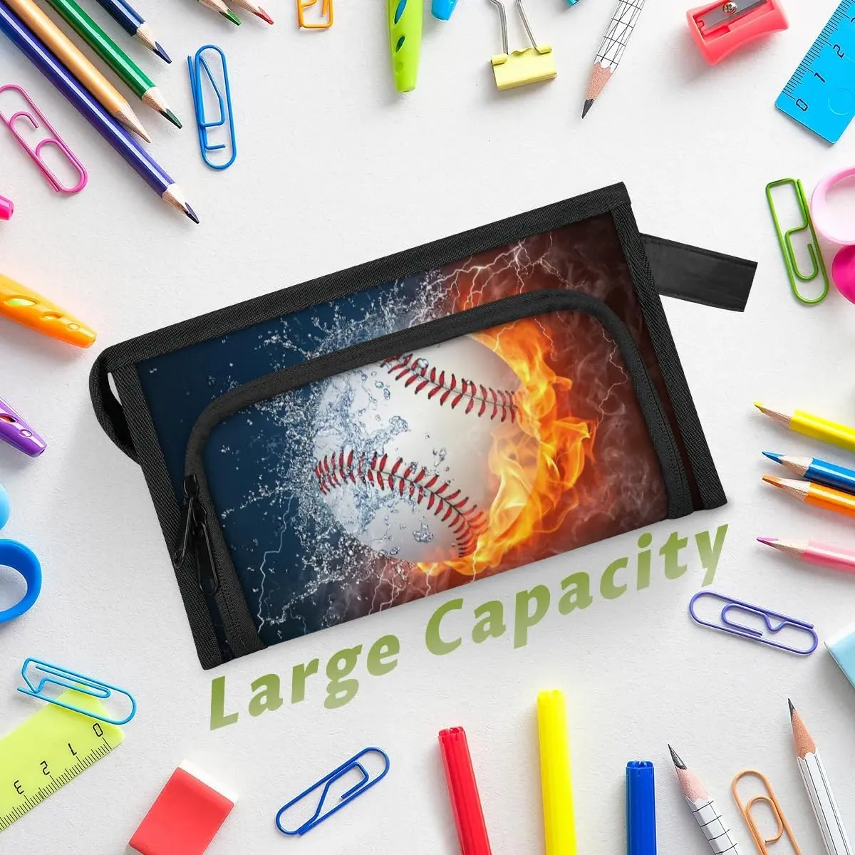 Large Capacity Pencil Case Pouch, Baseball Ball In Fire And Water Portable Zipper Pencil Cases Pencil Bag Office Stationery Bag Makeup Bag Desk Organizer for Women Men