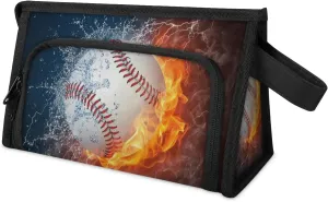 Large Capacity Pencil Case Pouch, Baseball Ball In Fire And Water Portable Zipper Pencil Cases Pencil Bag Office Stationery Bag Makeup Bag Desk Organizer for Women Men