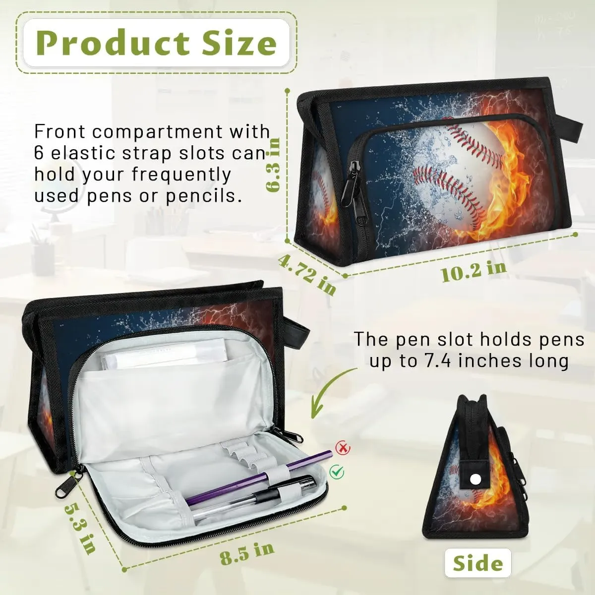 Large Capacity Pencil Case Pouch, Baseball Ball In Fire And Water Portable Zipper Pencil Cases Pencil Bag Office Stationery Bag Makeup Bag Desk Organizer for Women Men