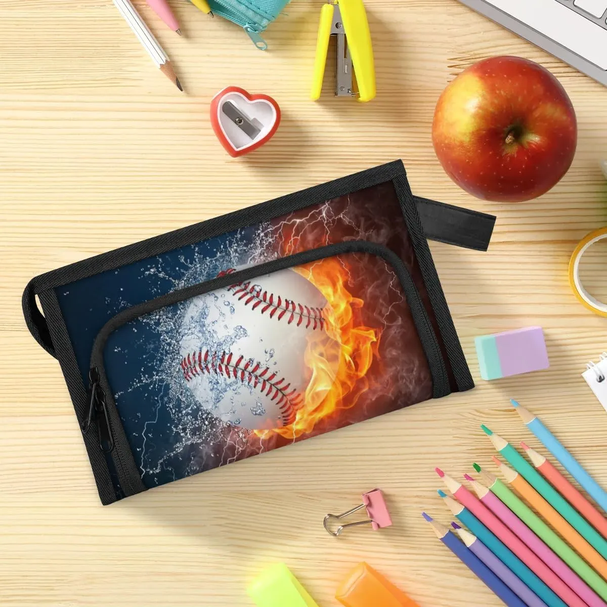 Large Capacity Pencil Case Pouch, Baseball Ball In Fire And Water Portable Zipper Pencil Cases Pencil Bag Office Stationery Bag Makeup Bag Desk Organizer for Women Men