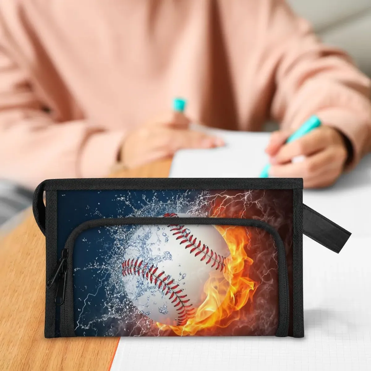 Large Capacity Pencil Case Pouch, Baseball Ball In Fire And Water Portable Zipper Pencil Cases Pencil Bag Office Stationery Bag Makeup Bag Desk Organizer for Women Men