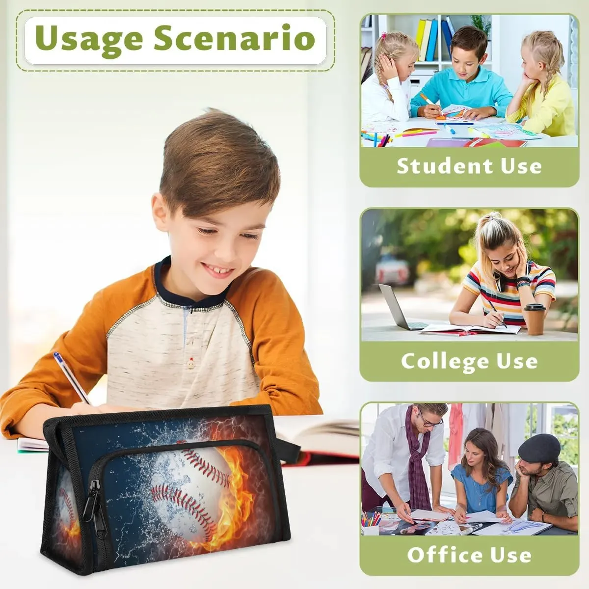 Large Capacity Pencil Case Pouch, Baseball Ball In Fire And Water Portable Zipper Pencil Cases Pencil Bag Office Stationery Bag Makeup Bag Desk Organizer for Women Men