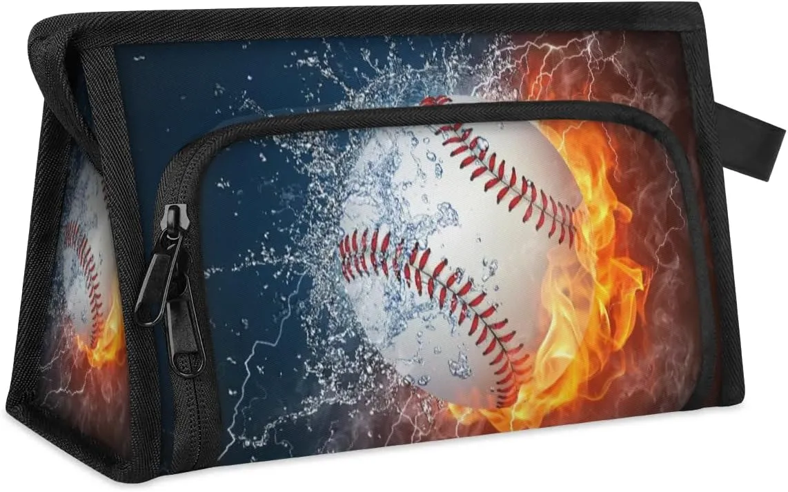 Large Capacity Pencil Case Pouch, Baseball Ball In Fire And Water Portable Zipper Pencil Cases Pencil Bag Office Stationery Bag Makeup Bag Desk Organizer for Women Men