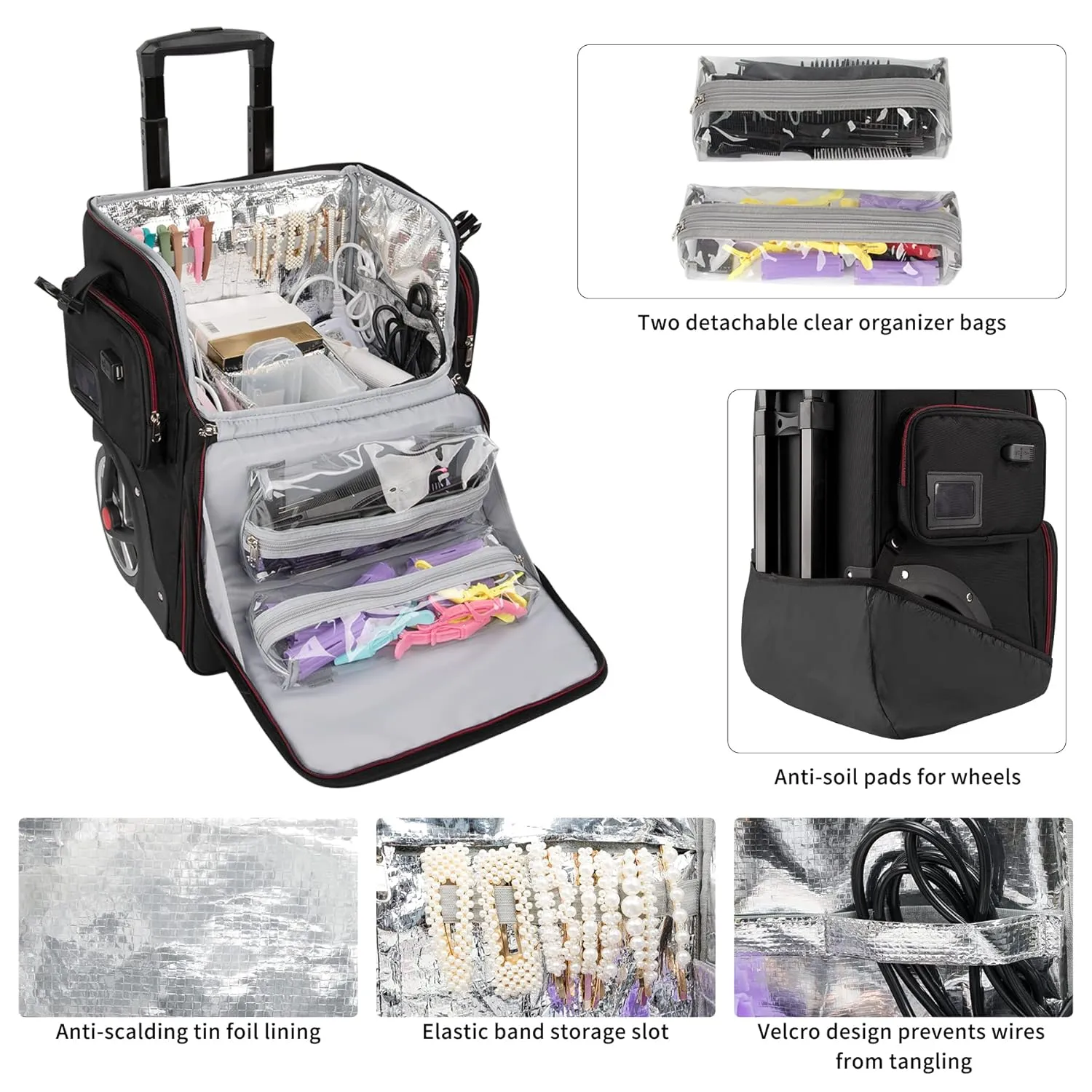 Large Makeup Train Case with Makeup Travel Bag and 4 Clear Makeup Bags for Hairstylist, Hairdresser Bag with Detachable Pouch,Heat Insulation Anti-scalding for Hairdressing Organizer Big wheels