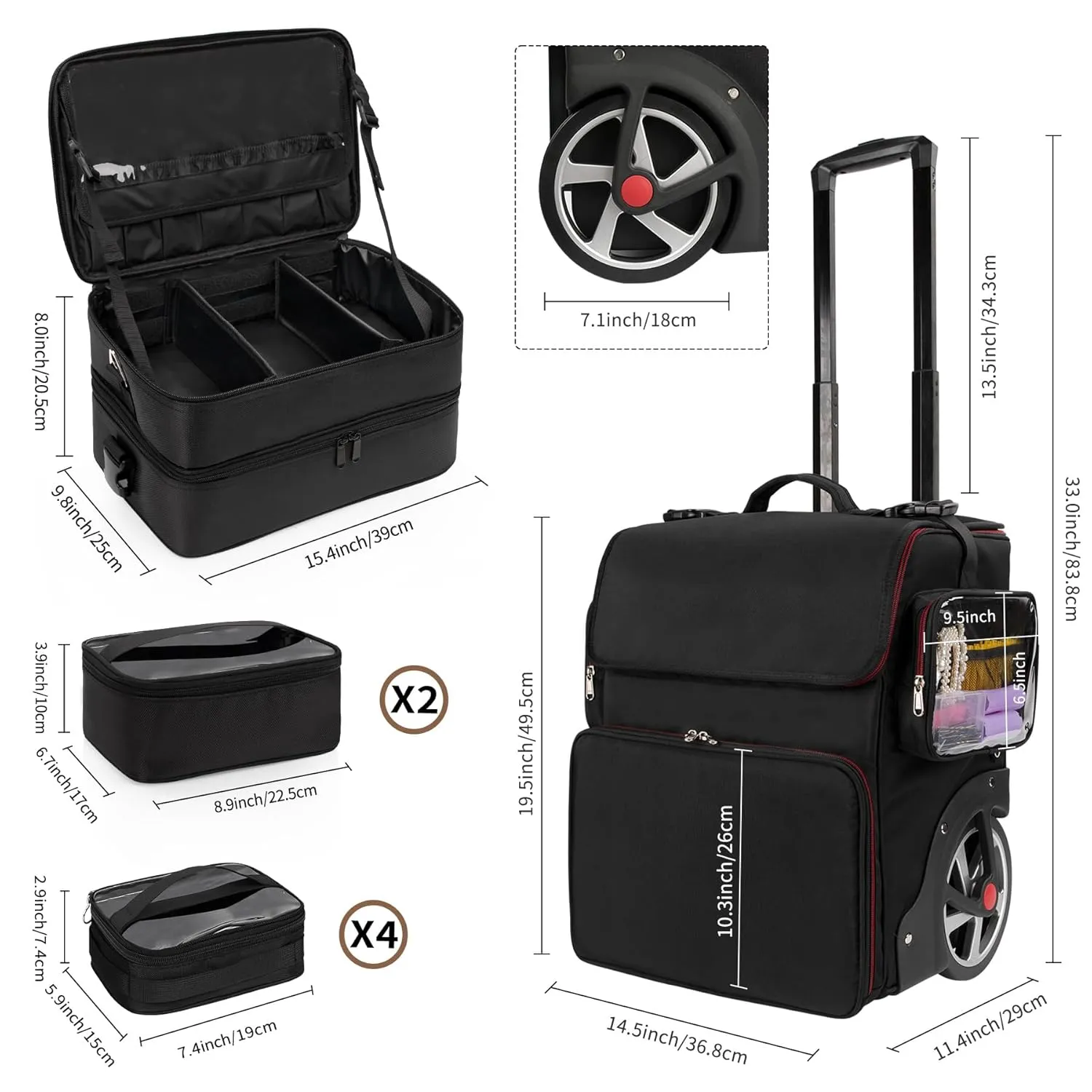 Large Makeup Train Case with Makeup Travel Bag and 4 Clear Makeup Bags for Hairstylist, Hairdresser Bag with Detachable Pouch,Heat Insulation Anti-scalding for Hairdressing Organizer Big wheels