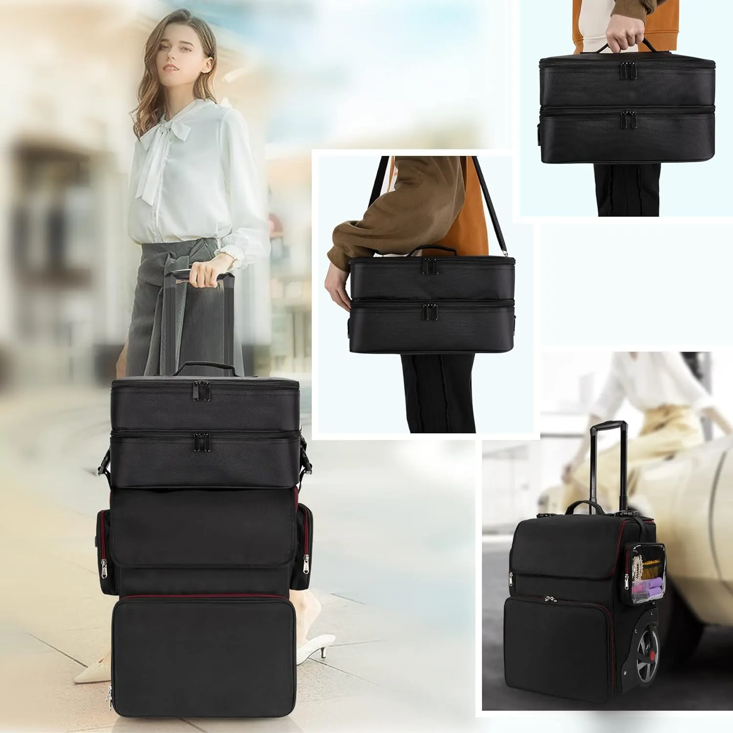 Large Makeup Train Case with Makeup Travel Bag and 4 Clear Makeup Bags for Hairstylist, Hairdresser Bag with Detachable Pouch,Heat Insulation Anti-scalding for Hairdressing Organizer Big wheels