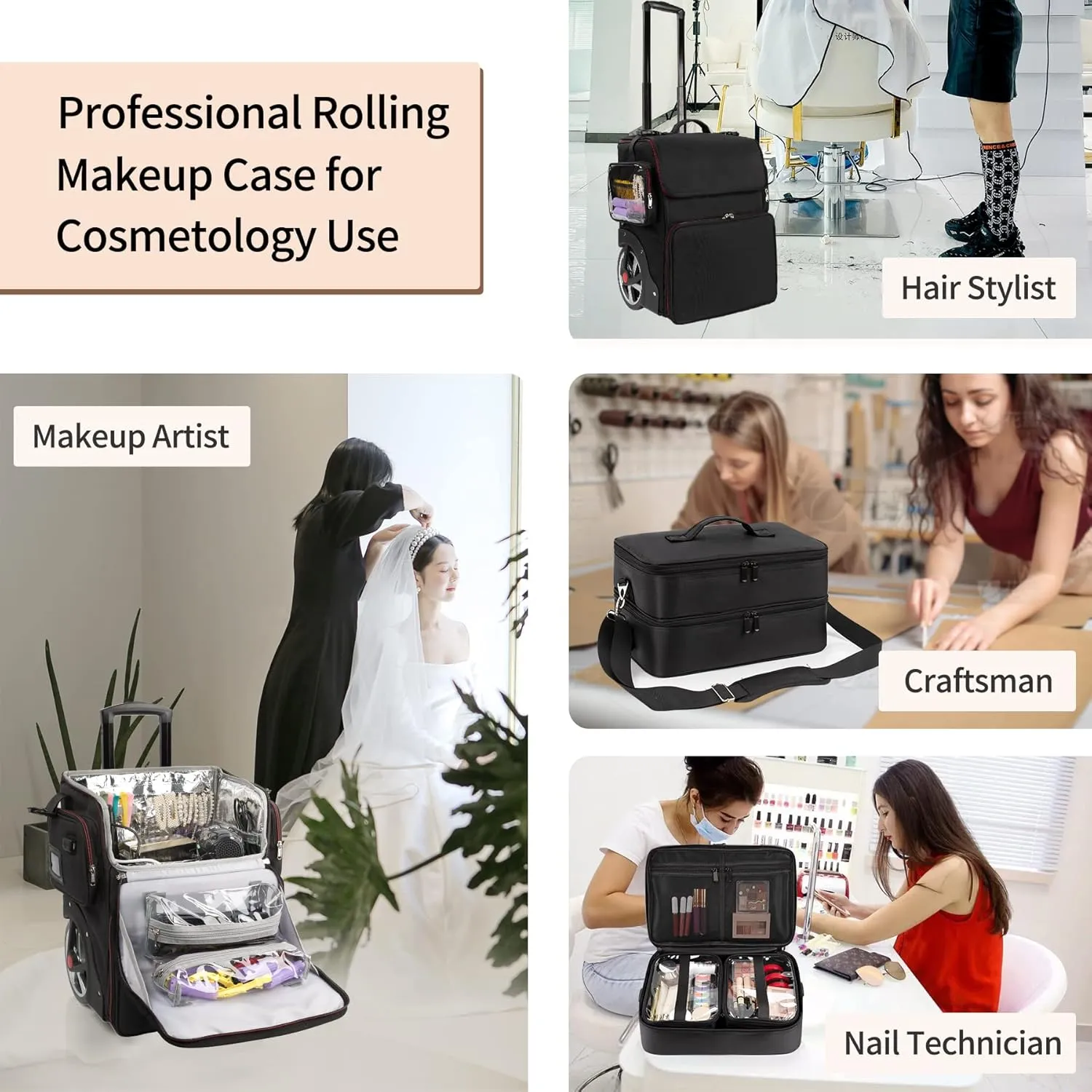 Large Makeup Train Case with Makeup Travel Bag and 4 Clear Makeup Bags for Hairstylist, Hairdresser Bag with Detachable Pouch,Heat Insulation Anti-scalding for Hairdressing Organizer Big wheels