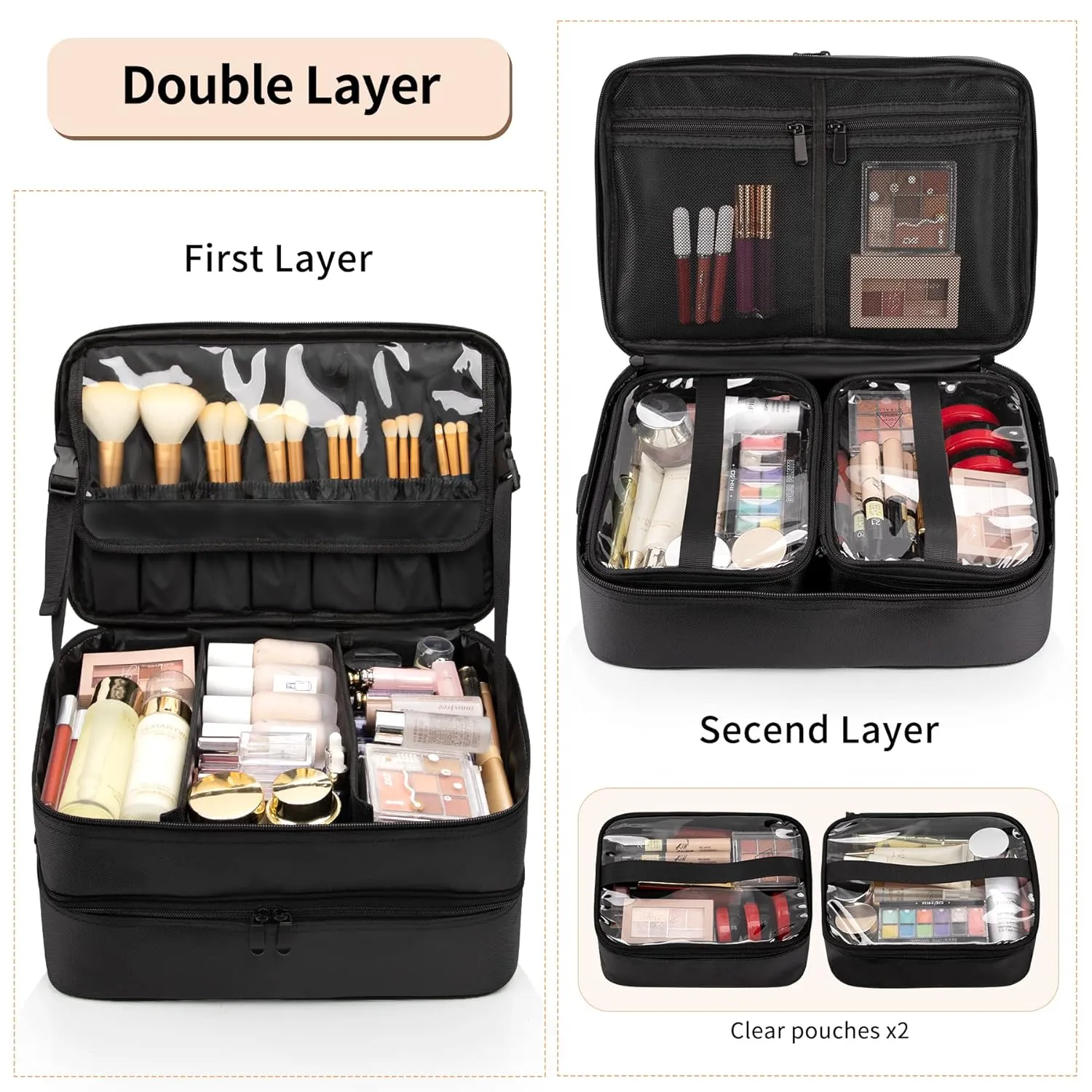 Large Makeup Train Case with Makeup Travel Bag and 4 Clear Makeup Bags for Hairstylist, Hairdresser Bag with Detachable Pouch,Heat Insulation Anti-scalding for Hairdressing Organizer Big wheels