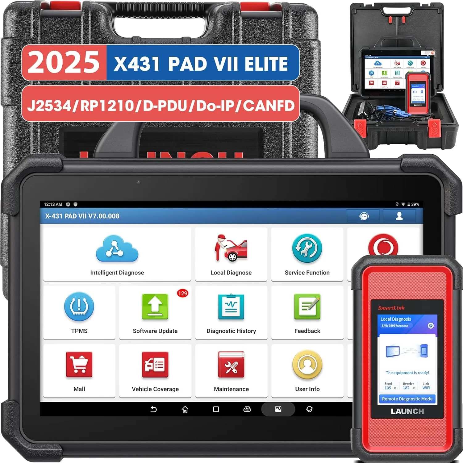 LAUNCH X431 PAD VII Elite, 2025 New Top J2534 Reprogramming Tool, Intelligent Topology Map Bi-Directional Diagnostic Scanner, ECU Coding, 2 Years Free Update, 60  Services, Upgraded of X431 PRO5