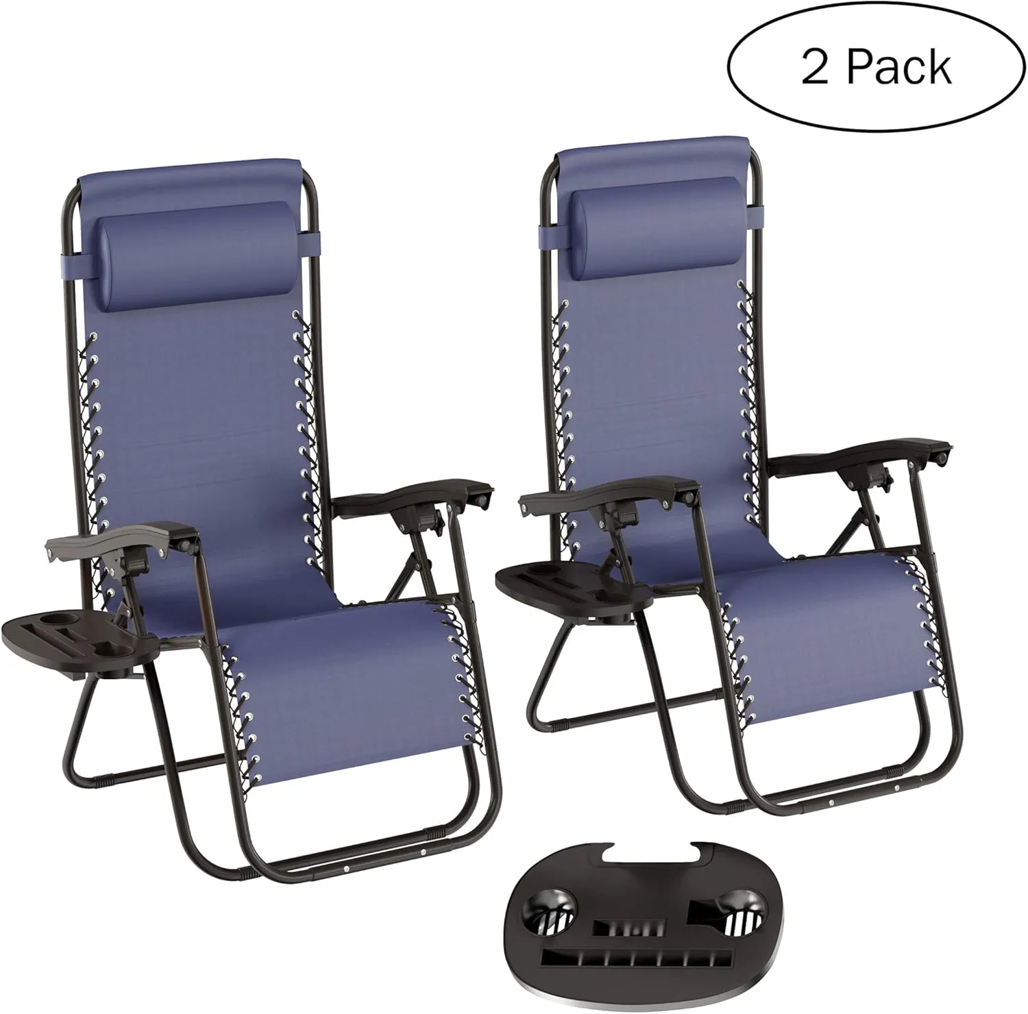 Lavish Home Set of 2 Zero-Gravity Chairs - Folding Patio Furniture - Outdoor Recliners with Side Table, Cup or Phone Holder and Chair Pillow (Navy)