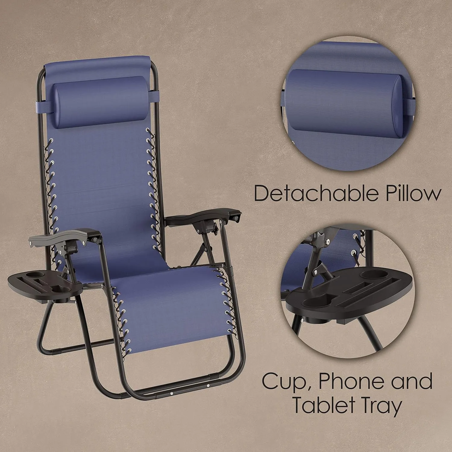 Lavish Home Set of 2 Zero-Gravity Chairs - Folding Patio Furniture - Outdoor Recliners with Side Table, Cup or Phone Holder and Chair Pillow (Navy)