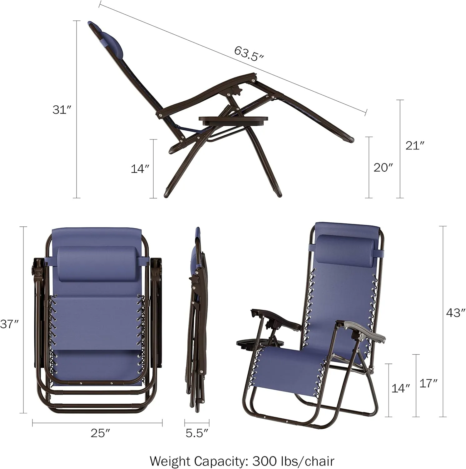 Lavish Home Set of 2 Zero-Gravity Chairs - Folding Patio Furniture - Outdoor Recliners with Side Table, Cup or Phone Holder and Chair Pillow (Navy)